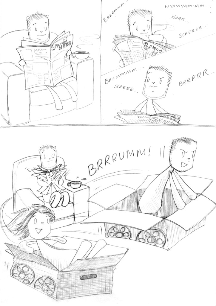 BigCat is startled by EmilyCat and MikeCat in Boxes